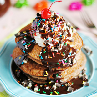 Brownie Batter Pancakes are a fluffy, decadent way to start any special day! #getyourbettyon