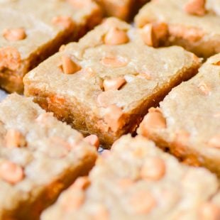 These chewy, fudgy butterscotch blondies require no mixer and very little prep work. Their crackly golden tops and gooey centers are utter perfection!