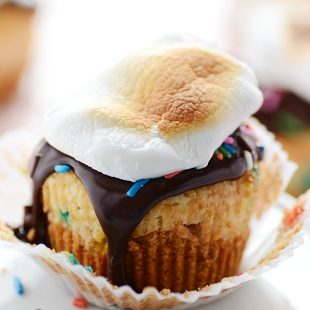 Funfetti S'mores Cupcakes have a thick graham cracker layer on the bottom, fluffy Funfetti cake, and ooey marshmallow creme filling, and topped with chocolate ganache and a toasted marshmallow!