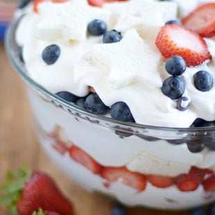 Your friends and family will LOVE this Red, White, and Blue Berry Cheesecake Trifle. Light and fluffy and bursting with juicy blueberries and strawberries, it makes the perfect patriotic Memorial Day dessert.