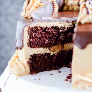 Fudgy chocolate cake layered with rich peanut butter frosting and peanut butter cups make this an excellent cake to share with a crowd.