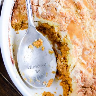 Pumpkin pie on the bottom with a sweet crunchy layer on top. True to it's name, the recipe is easy as dumping the ingredients in a bowl and stirring!