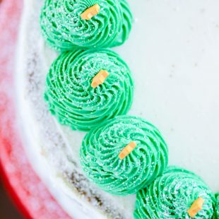 My favorite chocolate cake filled with a vanilla peppermint buttercream. Cute and easy Christmas trees on top make this a perfect cake for your holiday festivities!