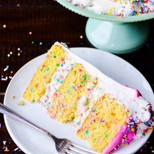 Layers of funfetti cheesecake sandwiched in between layers of actual funfetti cake. Frosted in my favorite whipped vanilla buttercream topped with lots and lots of sprinkles!