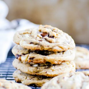 I took my Thick and Chewy Brown Sugar Chocolate Chip Cookies and made them slightly less thick with a double dose of chocolate (and white chocolate) chunks!