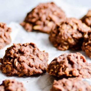 A recipe for classic chocolate peanut butter no bake cookies that won't spread when you scoop!